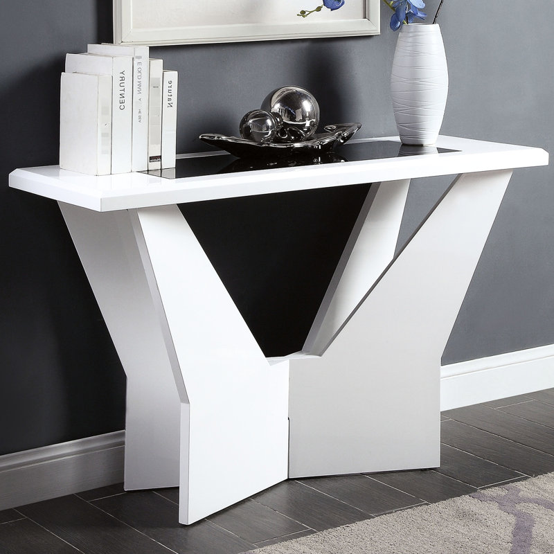 Table contemporaine 1pc avec finition blanche et base lustrée avec insert en verre dans le style, profondeur de l'emballage trempé de 53 po