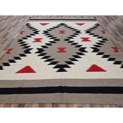 Tapis oriental tissé à la main 8 pi 10 po x 12 pi 1 po brun ivoire tissé à plat, motif géométrique South American Indian Southwest