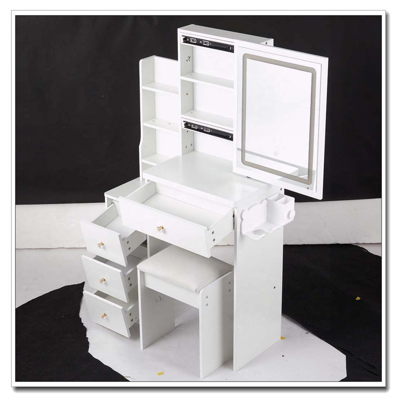 Petit meuble-lavabo 29,2 po avec miroir à DEL, centrale électrique, support pour sèche-cheveux et tabouret
