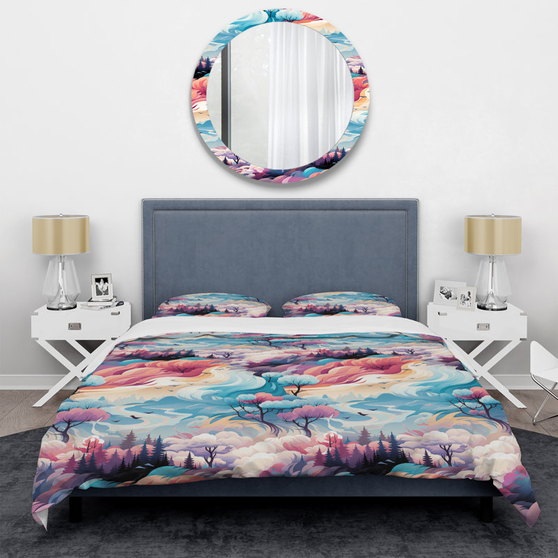 Literie Blue And Pink Nomad Landscape, Housse de couette simple + 1 taie décorative stan