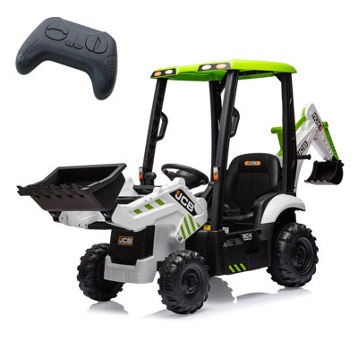 4 in 1 JCB Licensed 12V Kids Ride On Electric Car – Excavator, Bulldozer & Tractor – Remote Control, Adjustable Seat, Front Loader, Digger Function, Horn, Durable EVA Tires – White and Green