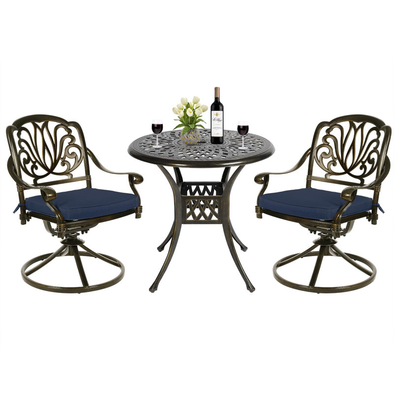 2 - Person Patio Dining Set with Round Table , Cushions Included, Navy Blue
