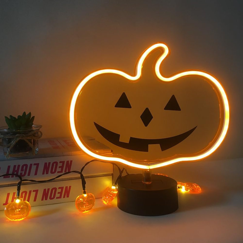 Enseigne néon orange citrouille rougeoyante, décoration d'Halloween - lampe de table USB ou à piles
