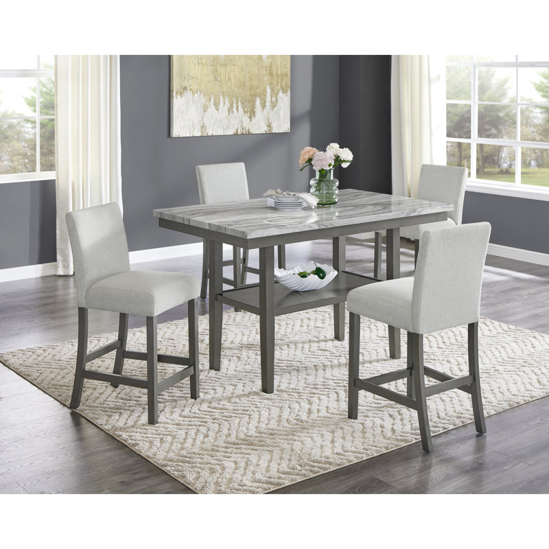 Selena 5-Piece 60" Rectangular Gray Faux Marble Counter Height Dining Set With Storage Shelf & Light Gray Upholstered Chairs
