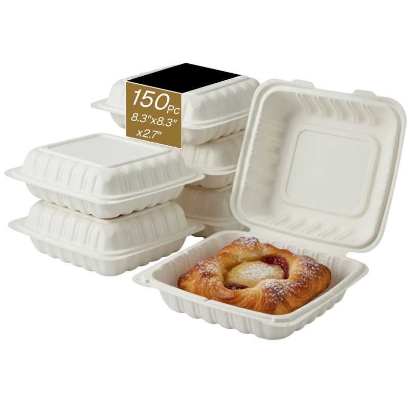 Clamshell (MFPP) Hinged Container (Corner Lock), 8.3" x 8.3", 150-Pack