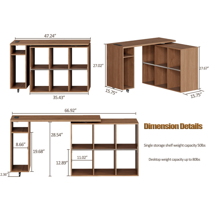 67" Black L-shaped Desk With Charging Station & 360° Rotating Top, Multi-functional Computer Desk For Office, Bedroom & Living Room