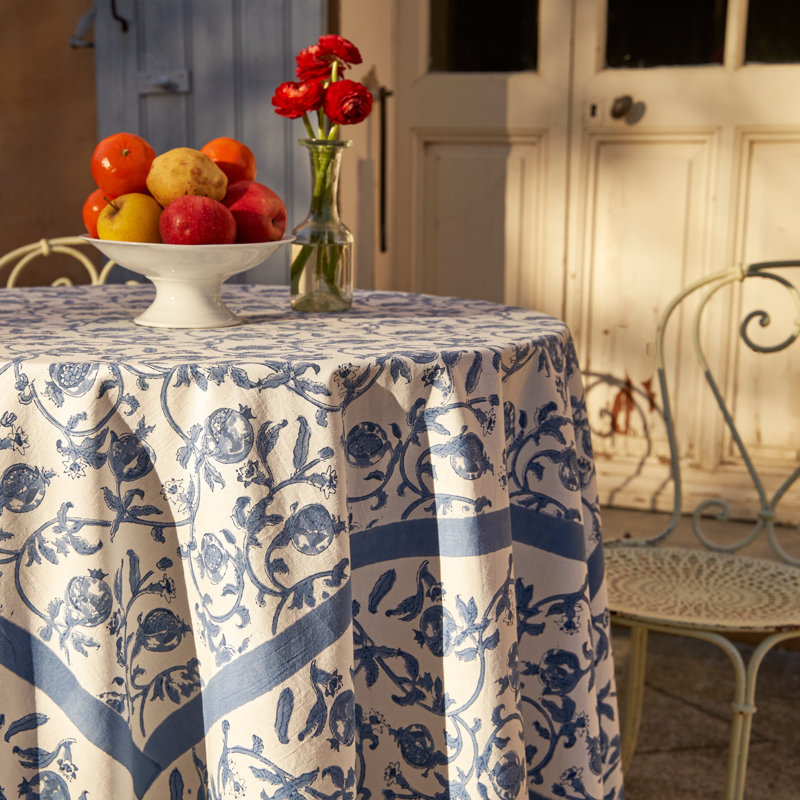 Granada Cornflower Blue Handmade Floral Tablecloth, 90" Square, Blue