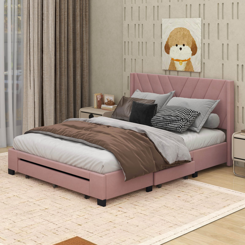 Lit plateforme tapissier grand avec 3 tiroirs, Rose