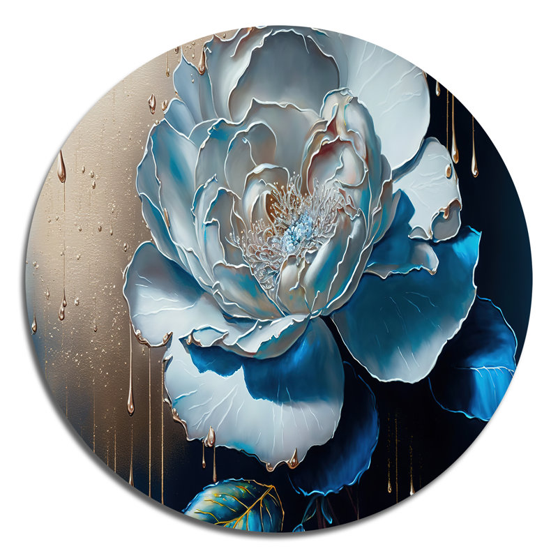 Fleur de camélia bleu éclatant II - art floral rond en métal, H 36 po x l 36 po