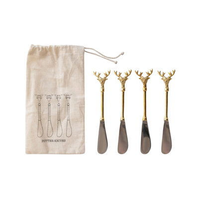Stainless Steel and Brass Canape Knives with Reindeer Handles in Printed Drawstring Bag
