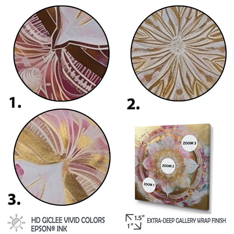 Mandala doré rose II sur toile, H 16 po x l 16 po x P 1 po, Cadre flottant doré