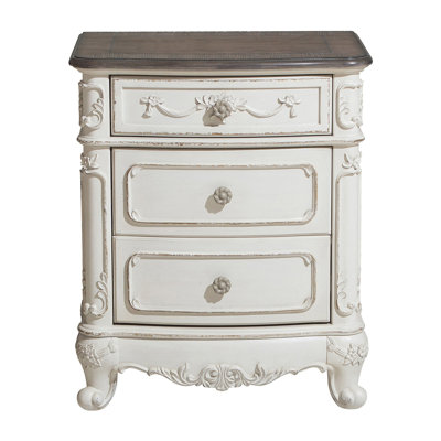 Table de chevet à 3 tiroirs de style victorien avec finition blanche et chêne antique