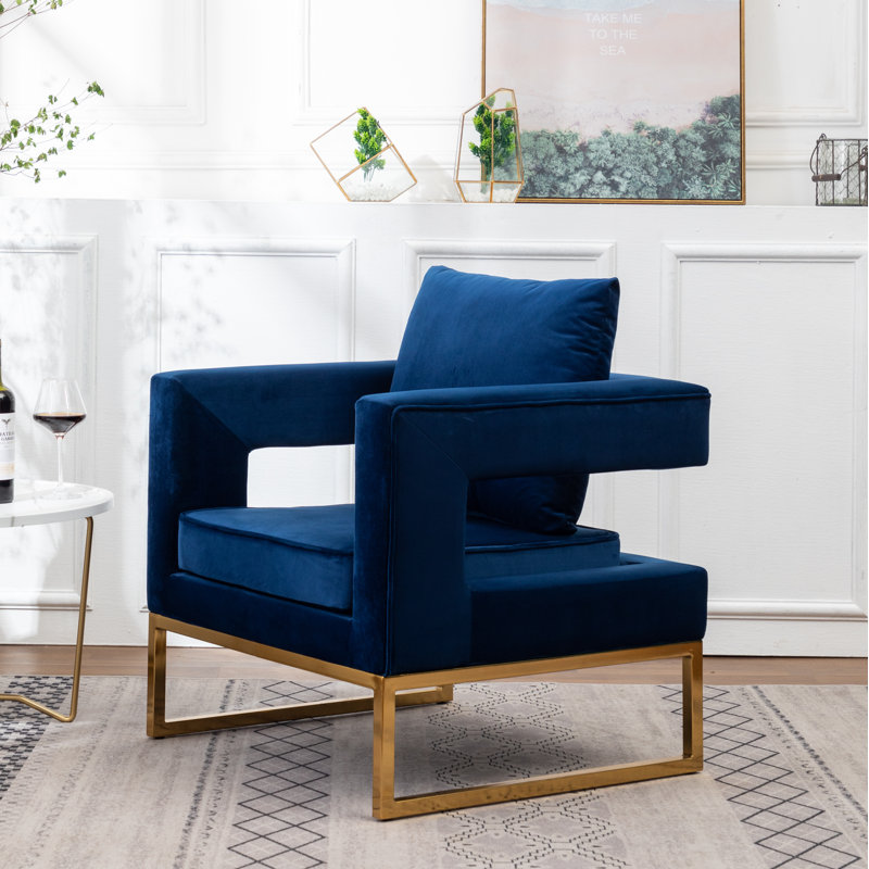 Upholstered Accent Arm Chair, Gold, Blue