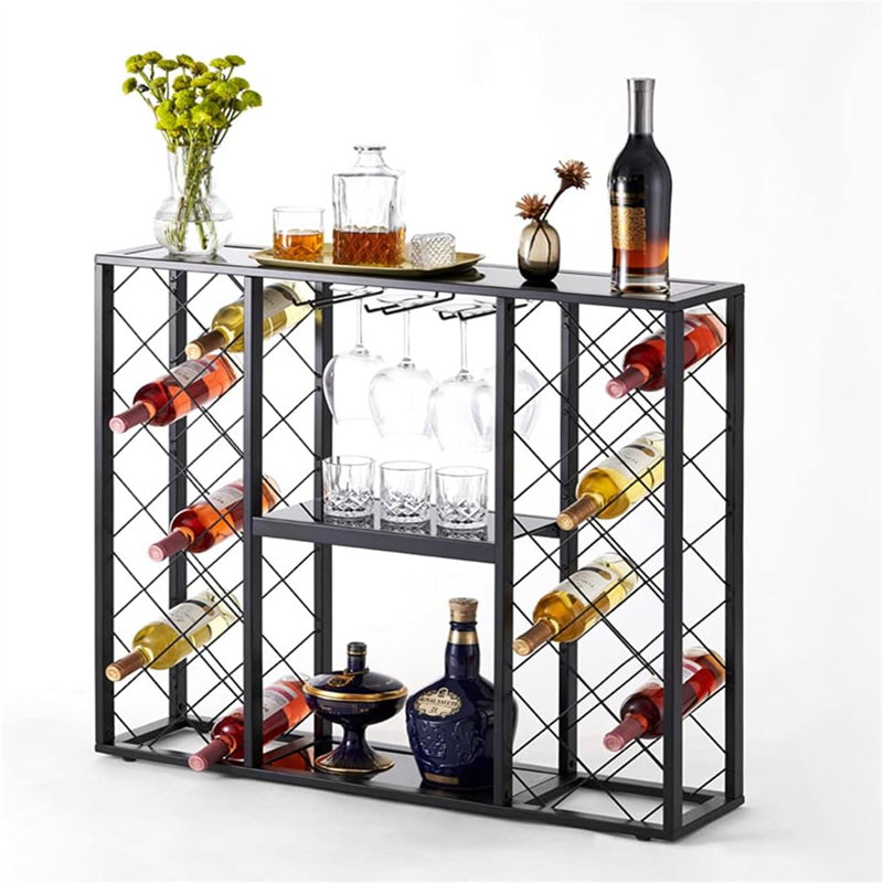Deja 34 Bottle Floor Wine Bottle & Glass Rack in Black