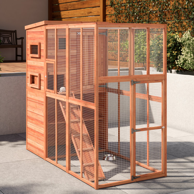 Large Brown Wooden Outdoor Cat House with Ramp