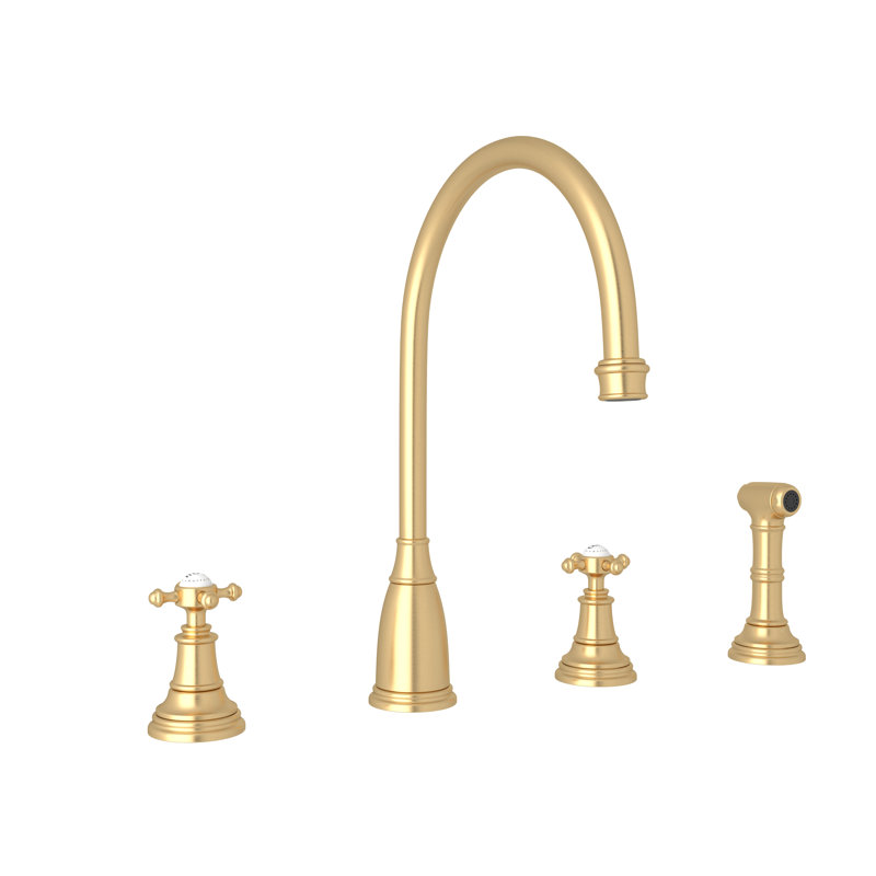 Georgian Era Two Handle Kitchen Faucet With Side Spray, Satin English Gold, Cross
