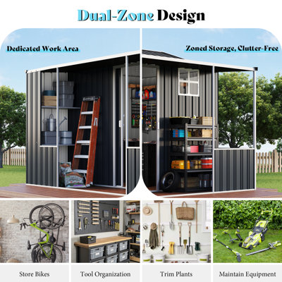 9x9x7 Ft Metal Storage Shed, Dual-zone Tool Shed With Work Area, Reinforced Frame, Gable Roof, Ventilated Design, Dark Grey