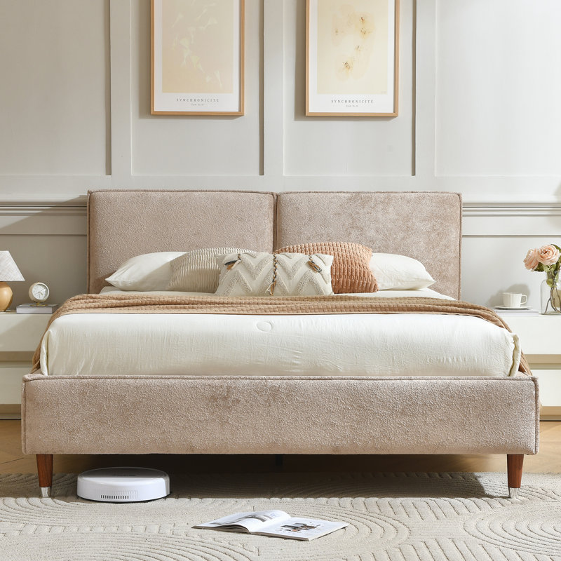 Willma Luxury Beige Upholstered Platform Bed With Quilted Pillow-Style Headboard, Queen