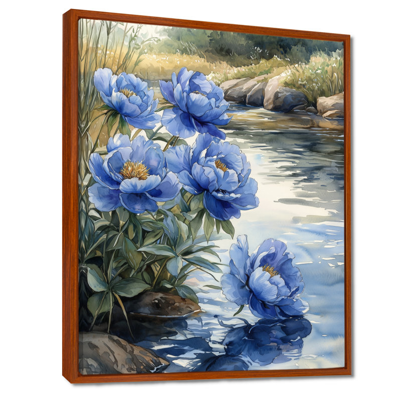 Bleuet bleu pivoines au bord de la rivière I - pivoines, reproduction d'art sur toile encadrée, Brun, H 32 po x l 16 po