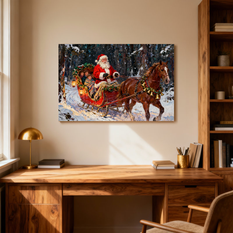 Christmas Santa Claus Riding Sleigh With Children, 16" H x 24" W