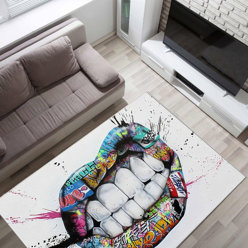 Non-Woven Thin Type Printed Rug Featuring a Vibrant Geometric Pattern Ideal for Enhancing the Visual Appeal of Your Living Room or Bedroom Space