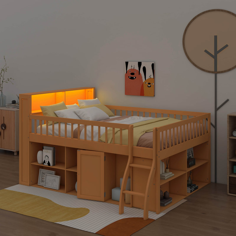 Queen Low Loft Bed With Storage Headboard And LED Lighting, Wooden Loft Bed Frame With Storage Shelves, Natural