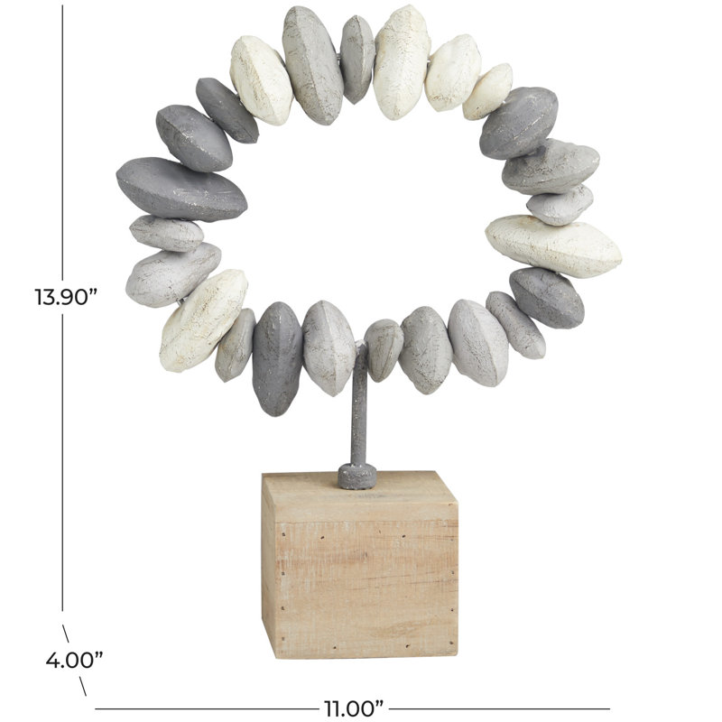 Cecel Metal Circular Stone Abstract Decorative Gray Sculpture with Brown Wooden Base, 13.90"H x 11" W x 4" D