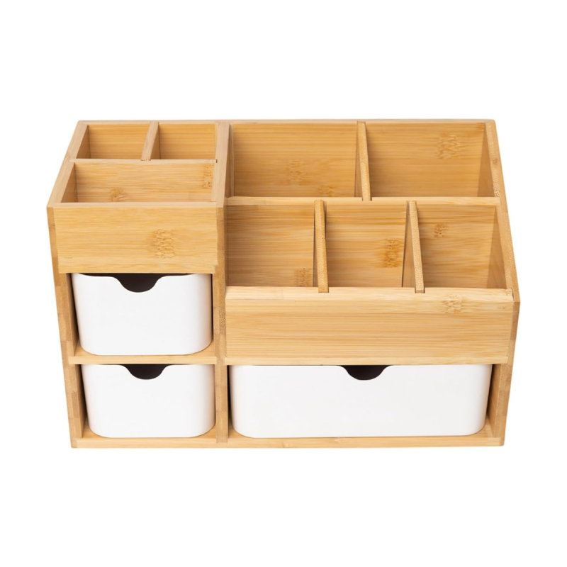 Bamboo Makeup Organizer with 3 Drawers Dresser Cosmetic Organizer Box Adjustable Dividers