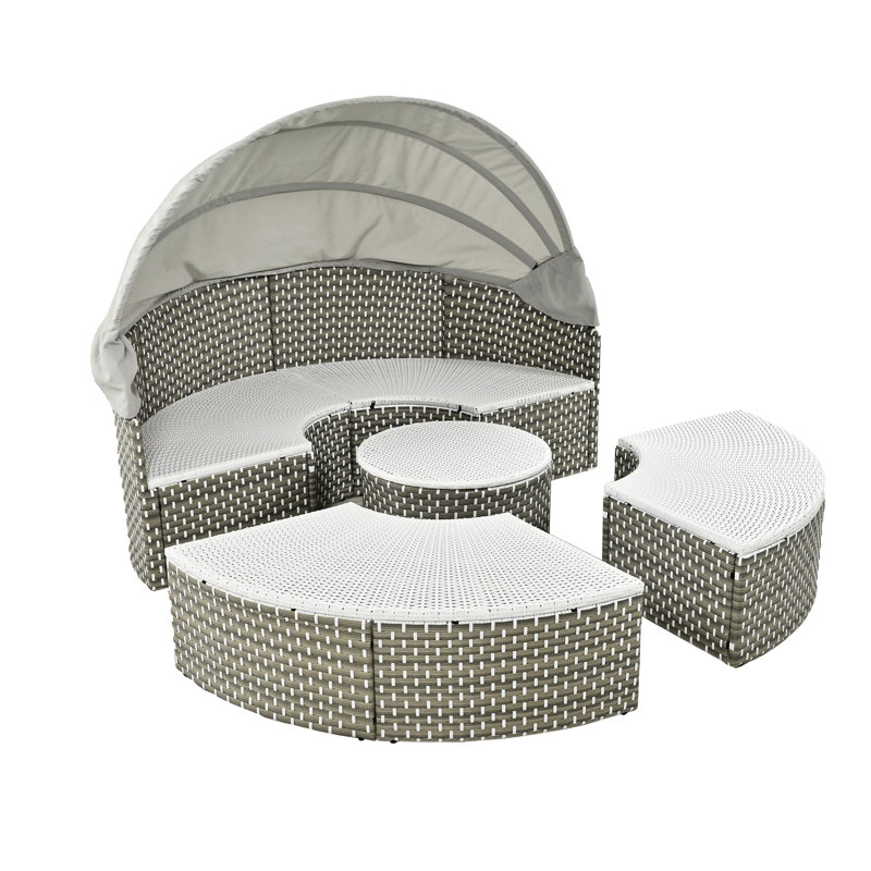 Round Outdoor Sectional With Pe Daybed, Gray, Retractable Cover, Metal Base, Adjustable Desk, Water Bedding Pad Patio Daybed , Canopy, Gray Two-Tone Weave, Frame And Ottomans