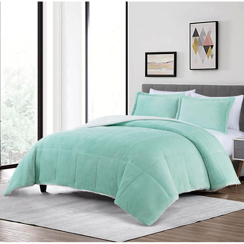 3-Piece Micromink And Sherpa Reversible Comforter Set, Aqua, King Comforter + 2 King Shams