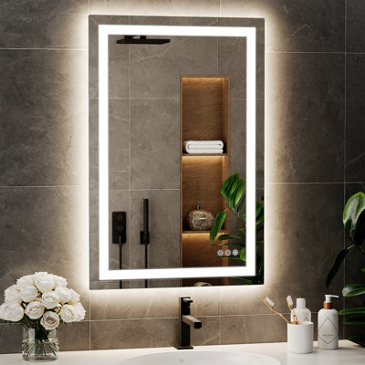 35.4x23.6in Led Bathroom Mirror With Lights, Anti-fog 3-colour Temp Lighted Mirror For Wall, Stepless Dimmable Memory Function Decor Vanity Mirror