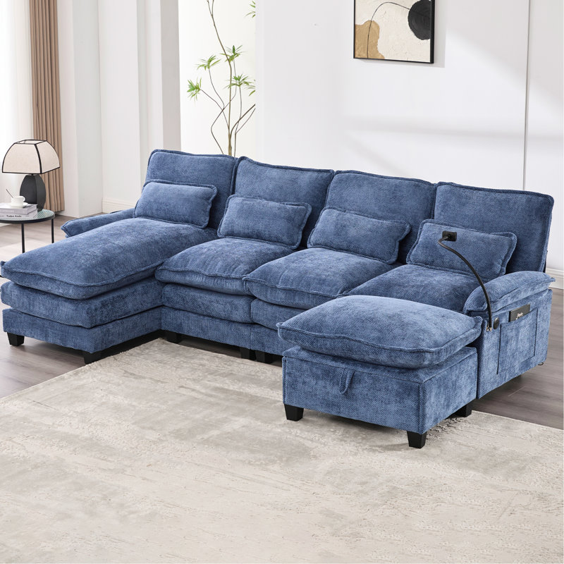 Canapé-lit modulaire en chenille à 4 places avec méridienne en forme de U pour salon 106 po, chenille douce et respirante, structure en contreplaqué, ports de type C, fonction de rangement de repose-pieds amovible,