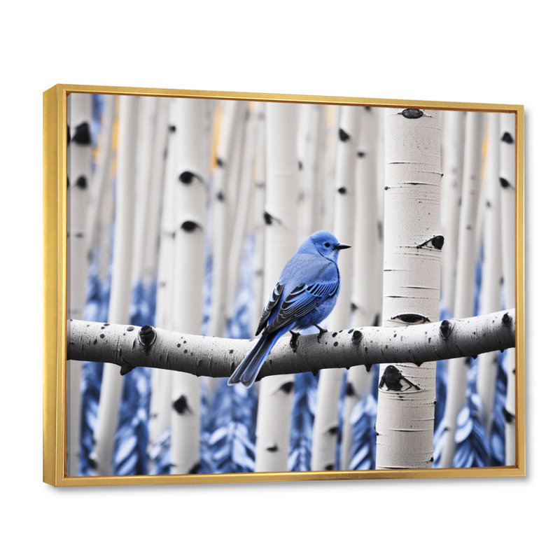 Markeis - oiseau bleu gris en forêt I - impression, 16" H x 32" W, Cadre flottant doré