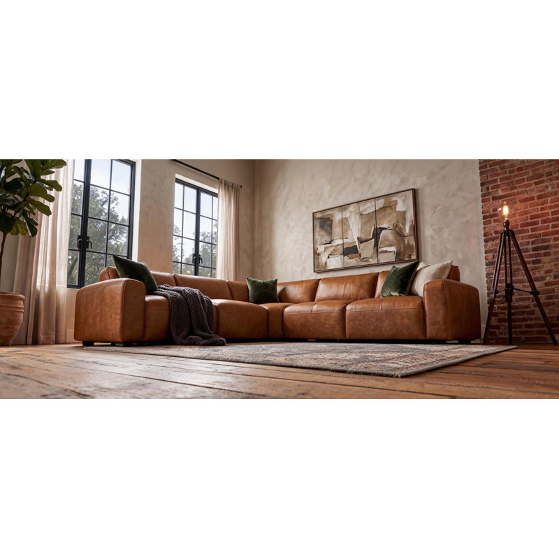 Fernagh Top Grain Leather Corner Sectional Saddle, Brown Genuine Leather