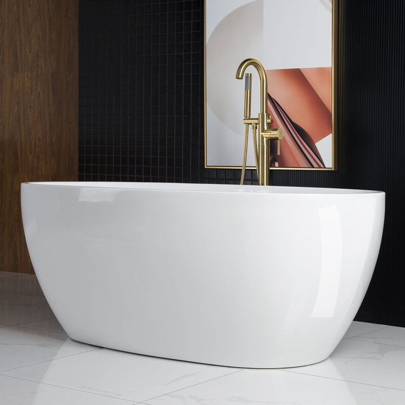 67" x 32" Freestanding Double Ended Soaking Acrylic Bathtub, White, Brushed Gold