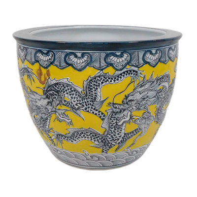 Carved Chinese Porcelain Dragon Fishbowl Imperial Yellow Glaze