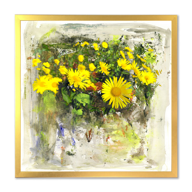 Abstrait fleurs jaunes - art mural traditionnel sur toile, Encadrement doré, H 30 po x l 30 po x P 1 po