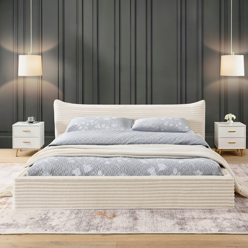 Structure de lit rembourrée avec plateforme plissée en chenille et base solide en tissu chenille, Beige
