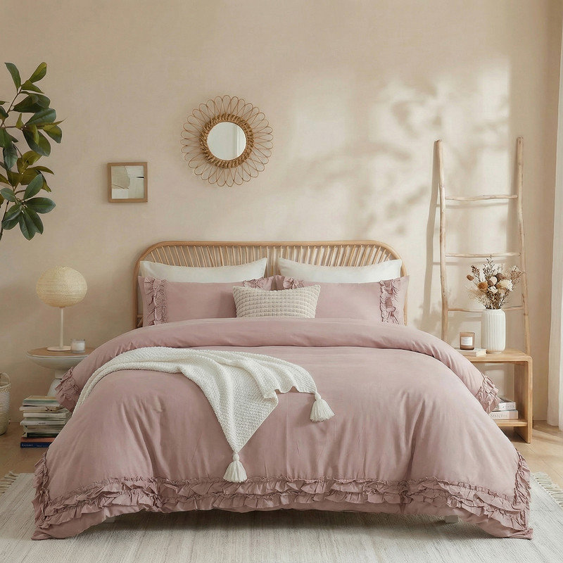 Ensemble d'édredon à volants en coton rouge, rose et rouge, Rouge rose, Édredon grand et 2 taies d'oreiller