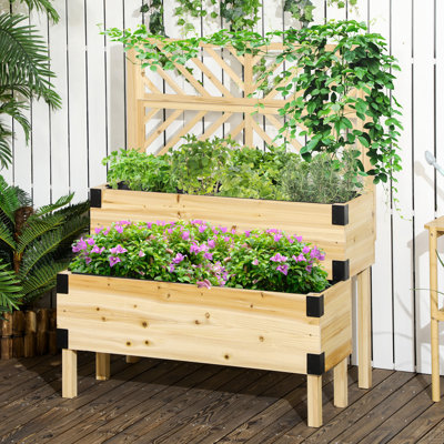 Lit de jardin surélevé avec treillis, boîte à fleurs surélevée en bois à 2 niveaux avec pieds et coins en métal