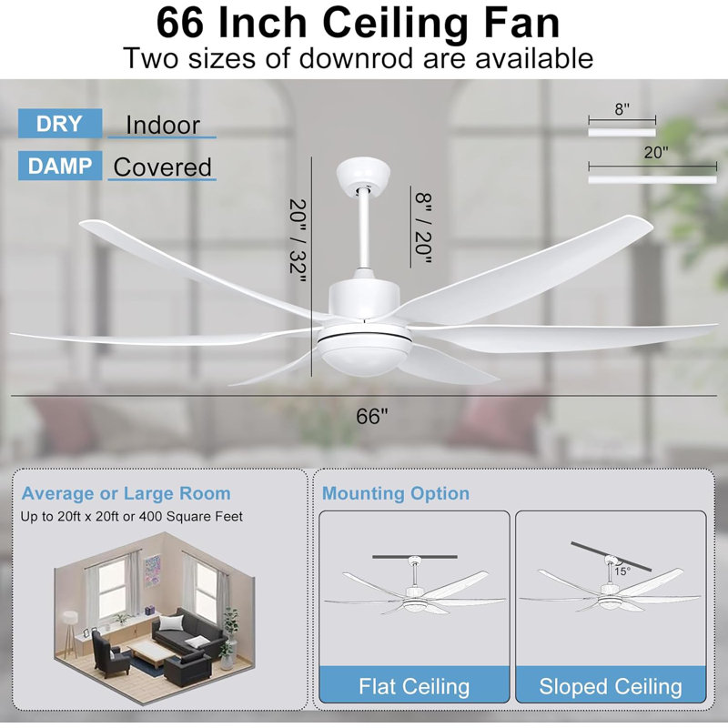 Leibman 6-Blades 66" Ceiling Fan with Remote Control and LED Light, White