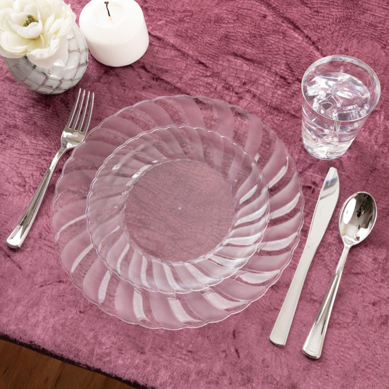 Assiettes en plastique transparentes rondes de 9 pouces avec bord évasé Ecoqualité pour 10 invités