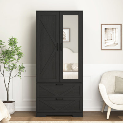 Garde-robe en bois à 2 portes pour la chambre à coucher avec tringle à vêtements suspendue à l'intérieur de l'armoire et 2 tiroirs pour l'organisation du rangement, placard multifonctionnel à induction intégré avec miroir