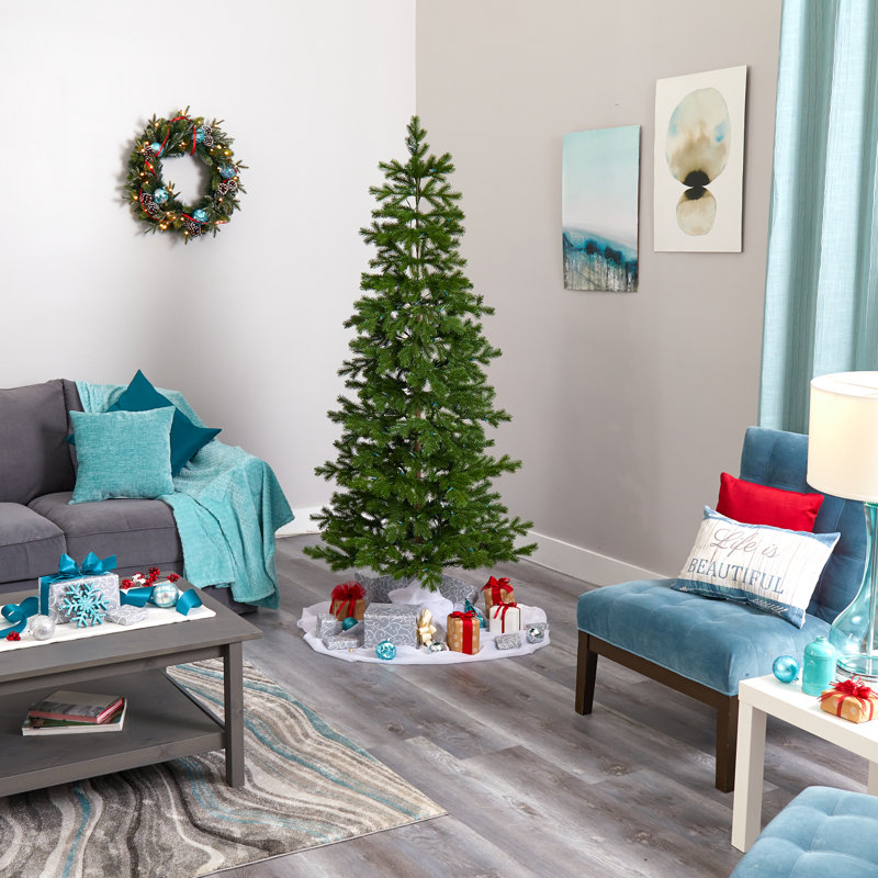 Arbre de Noël artificiel épinette vert avec lumières claires/blanches, H 6 pi 6 po