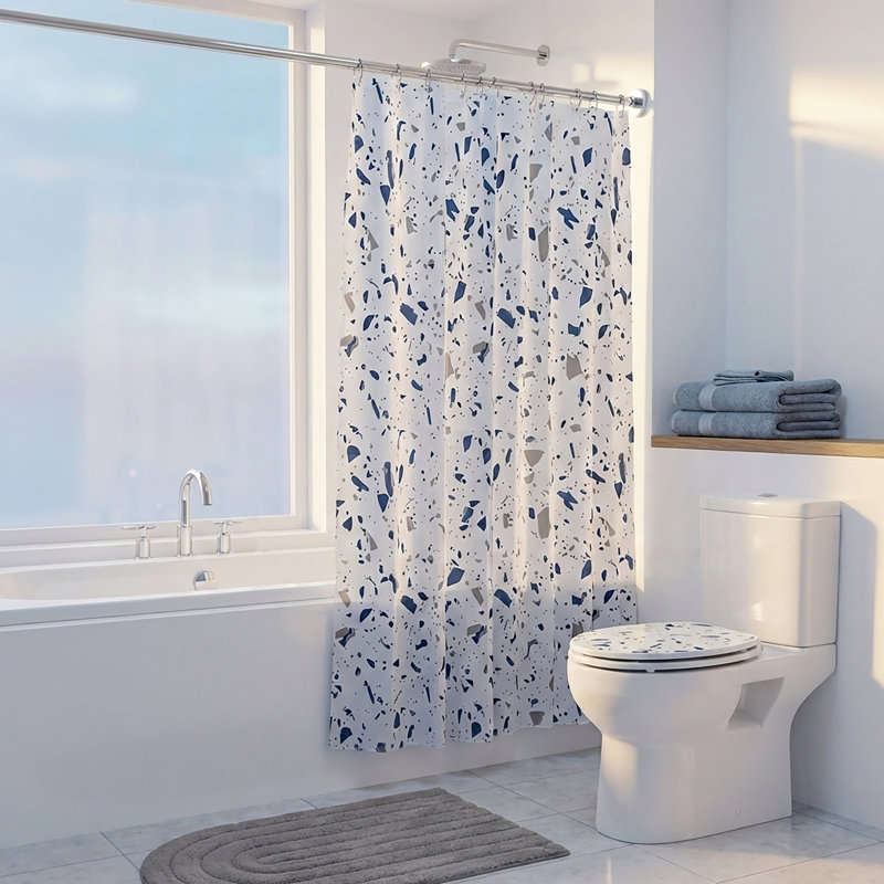 Croydex Polyester Shower Curtain, White/Blue