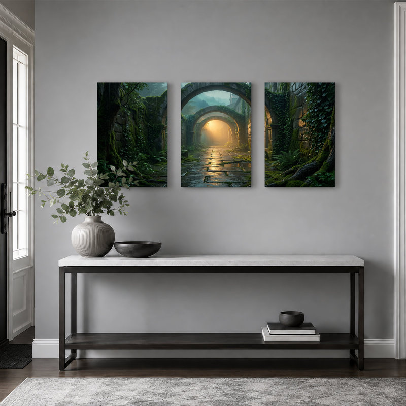 Ensemble d'art sur toile en forme de voûte en pierre recouverte de mousse avec 3 lumières dorées, 24"H x 16"W x 3pcs