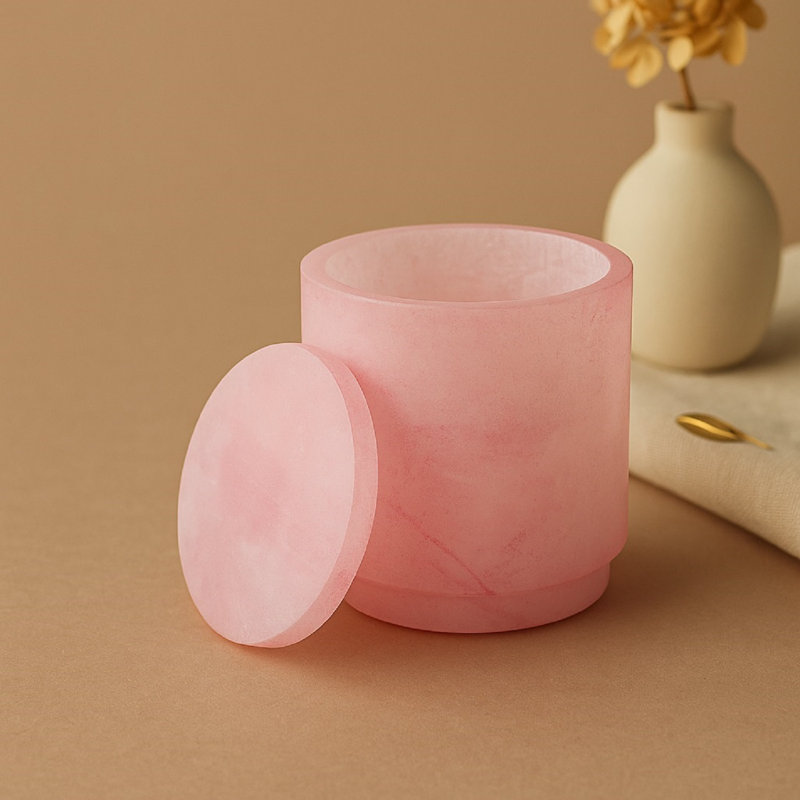 Pot rose albâtre avec couvercle, H 5 po x l 4 po x P 4 po