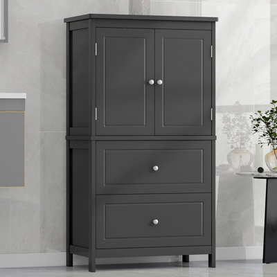 43.3"H Bathroom Storage Cabinet, Freestanding Cabinet With Open Shelf And 2 Doors, Large Pantry Cabinet With 2 Drawers For Bathroom, Living Room, Kitchen, Black