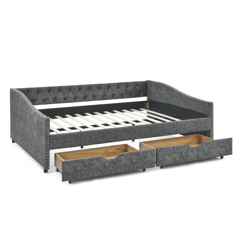  Daybed With Drawers Upholstered Tufted Sofa Bed, With Button On Back And Copper Nail On Waved Shape Arms, Queen, Grey