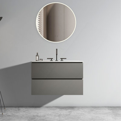 Meuble-lavabo mural 30 po avec lavabo en céramique et trois trous de robinet, gris pré-assemblé
